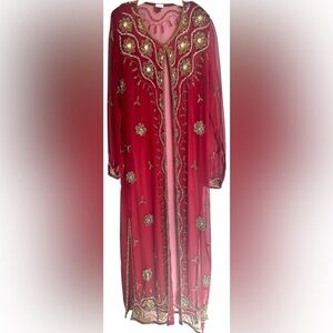 Embroidered Red/Burgundy and Gold Long   Embellishment Robe Kimono Dress (3)